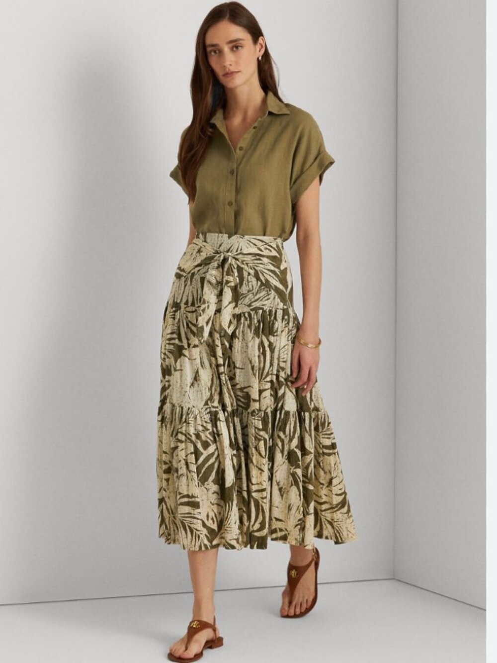 Lauren Ralph Lauren Tropical Leaf Print Tiered Midi Skirt Sz 10 Tie Waist Resort - Picture 1 of 9